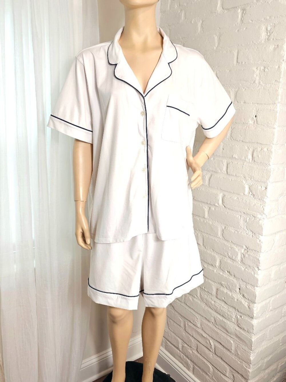 J.Crew Pajama Set Short Sleeve Button Down Shorts White Navy Piping XXL - Picture 8 of 16